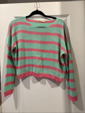Olivaceous Mint and Pink Striped Crewneck Sweater